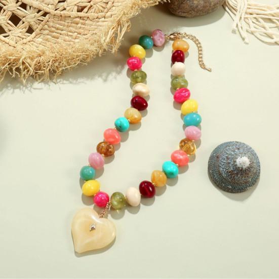 Chunky Beaded Choker, Colorful Acrylic Beads Necklace, Heart Pendant Choker for Women Summer Beach Vacation Jewelry