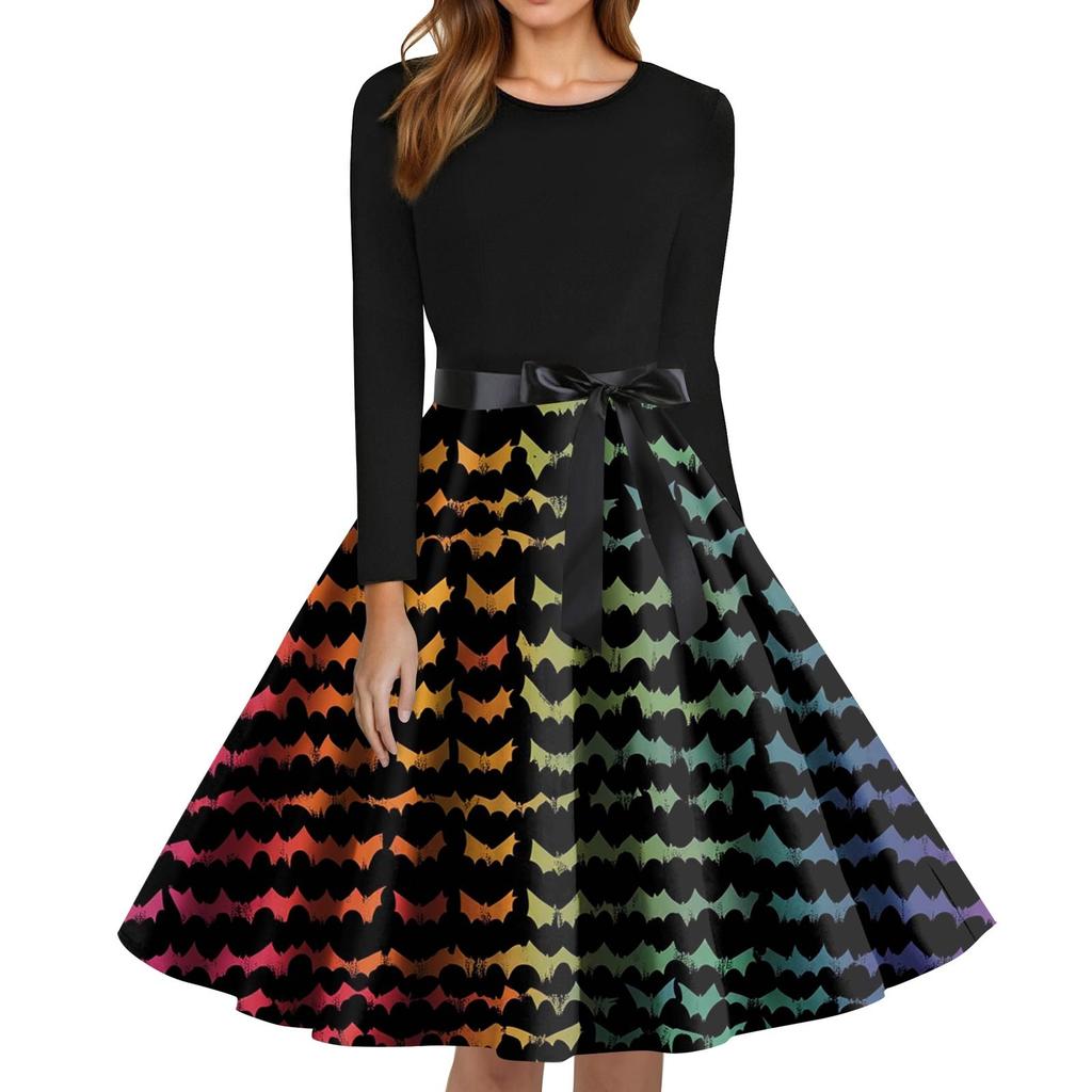 Women's Fashion O-Neck Casual Slim Fit Halloween Printed Long Sleeve Dress