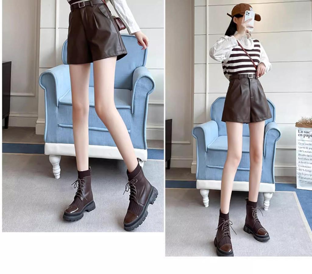 Women's Black PU Leather High-Waist Wide-Leg Shorts - New Autumn/Winter 2024 Casual Slimming Design