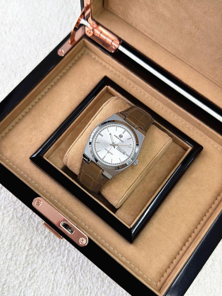 PABLO RAEZ Men's Dual Calendar Waterproof Quartz Watch with Leather Strap