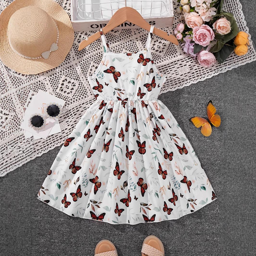 

Милое платье принцессы с принтом бабочек и листьев для девочек, летнее детское модное платье с бретелью через шею 5-6Y белый