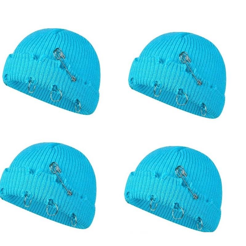 Women Girls Y2k Gothic Beanie Winter Knit Hats Trendy Metal Rings Pin Hip Hop Streetwear Harajuku Skull Cap Emo Scene Grunge