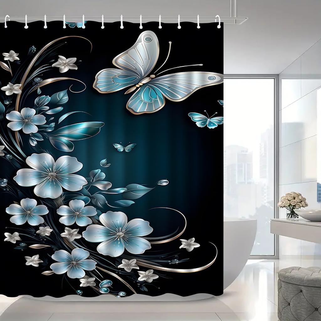Luxury Butterfly Shower Curtain Blue Floral Design Black Background Waterproof Bath Decor Stylish Home Bathroom Accessories