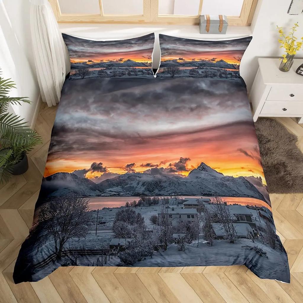 Snow Mountain Duvet Cover Set Iceberg Sunrise Sunset Bedding Set Microfiber Winter Natural Scenery Quilt Cover Single King Size
