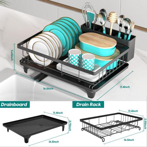 MERRYBOX Dish Drainer, Rust-Resistant, Automatic Draining, Kitchen Dish Drainer, Black, Washing Rack, Dish Drying Rack, Wide Leak-Proof Spout, Large 3