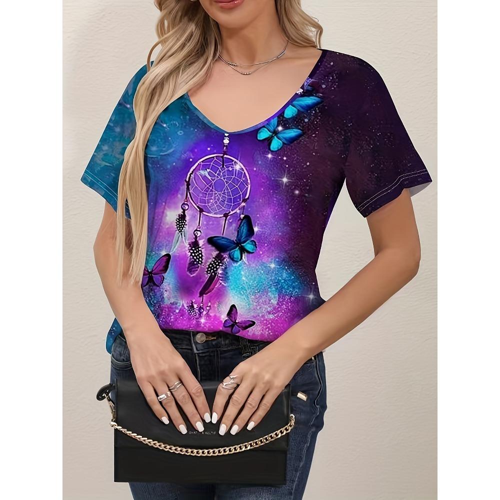 Women's T-shirts Summer Gradient Graphics Tops V Neck Fashion Female Vintage Clothing Floral Print