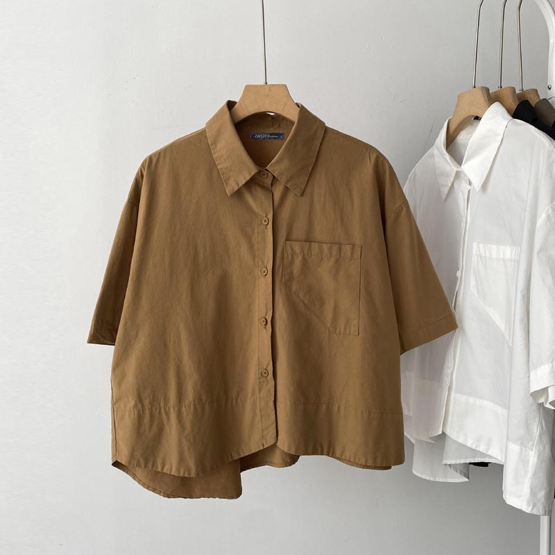 

ZANZEA Женская однотонная свободная блузка с отложным воротником и коротким рукавом L коричневый