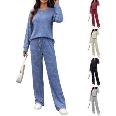 Women's Fashionable And Comfortable Round Neck Knit Long Sleeve Brushed Pants Loungewear Set