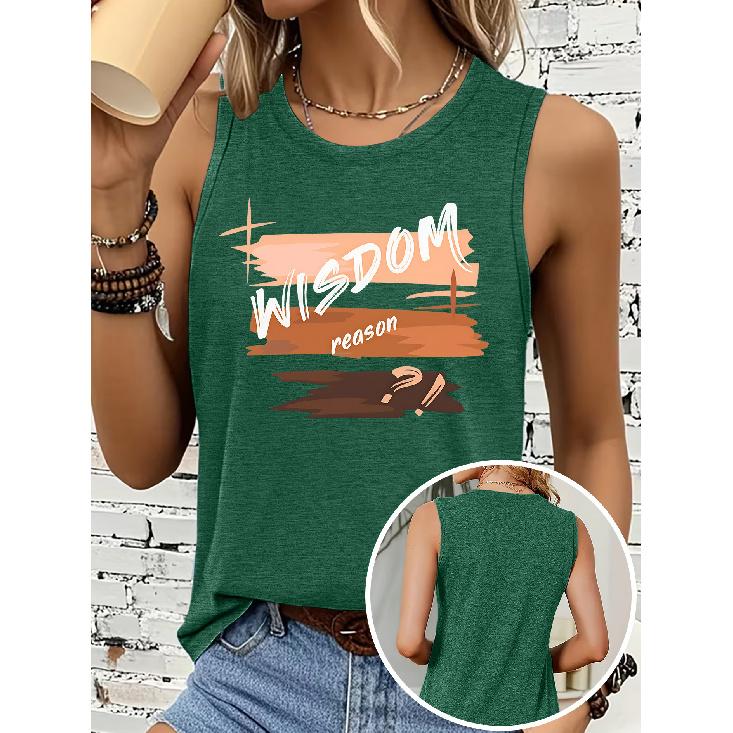 Women's sleeveless vest T Shirt WISDOM Color block hand-lettered print casual crew neck top Soft, skin-friendly, breathable, comfortable, machine