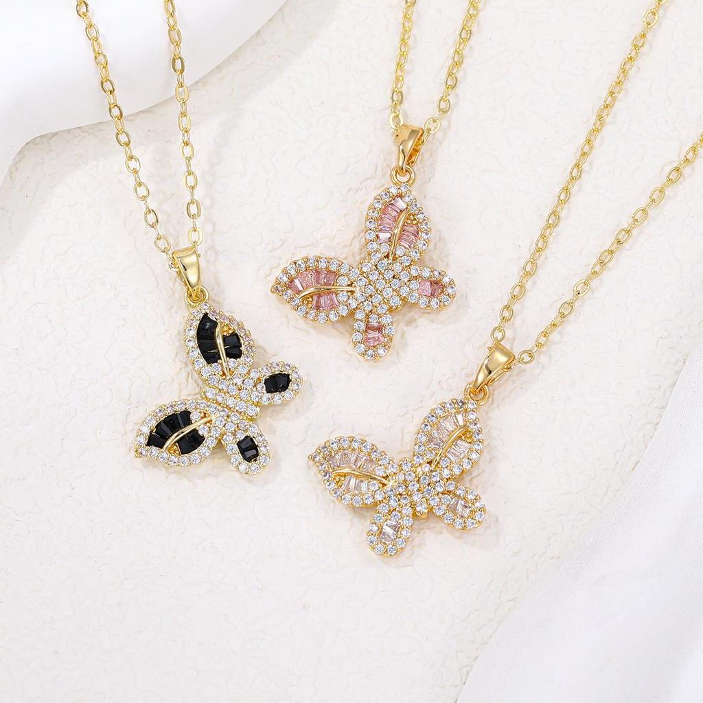 Colorful Zircon Butterfly Pendant - Gold-Plated Copper Charm with Diamond Detailing