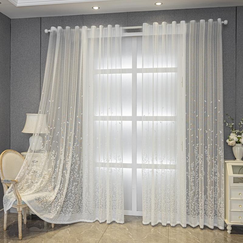 White Leaf Drapes, Sheer Tulle Curtains with Embroidery, Easy To Hang, Suitable for Bedroom, Living Room, Balcony, Farmhouse