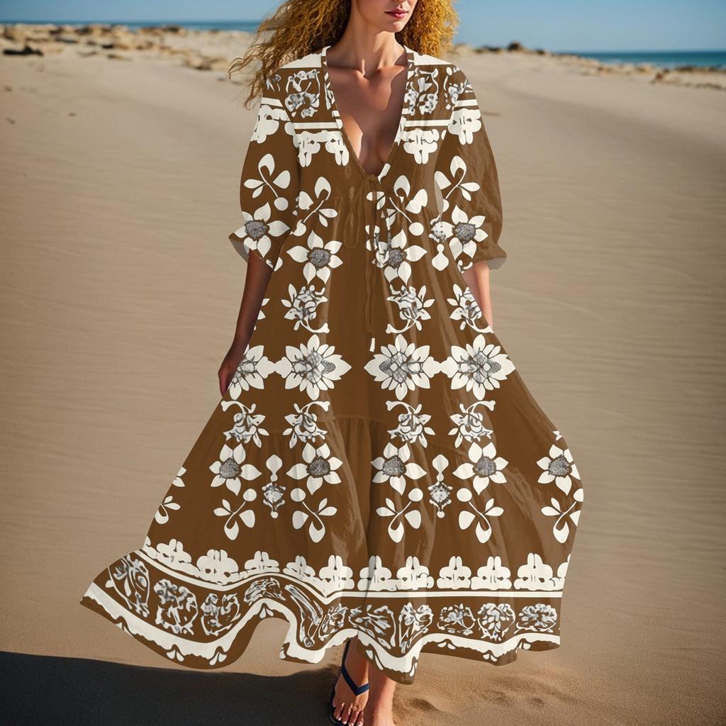 Women's Summer Fashion V-neck Retro Floral Print Short Sleeved Beach Dress With Lace Patchwork Dress