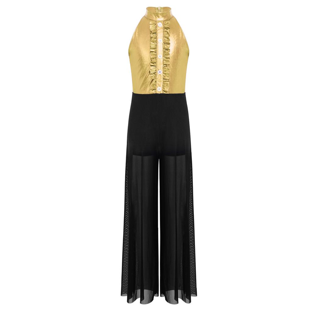 Meisjes Mock Neck Mouwloze Jumpsuit Metallic Bodice Ruches Wijde Pijp Rits aan de Achterkant Jazzdans Kostuum