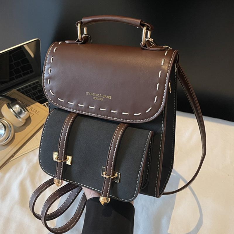 A High-end Color-blocking Bag with A Retro School Style and A Small Book Backpack