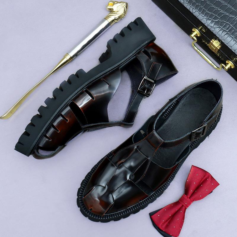 Luxusní značka Pánské ležérní platformové sandály Pravá kůže Zvyšující výšku Letní lakovaná kůže Černé boty Plus size 38-46