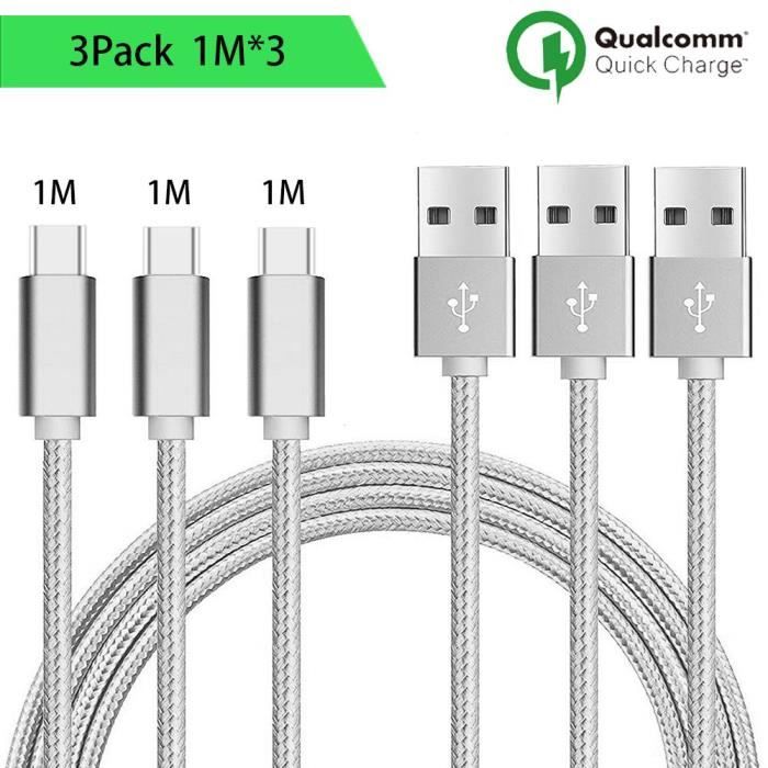Câble USB Type C - Non spécifié - 1M - Nylon Argenté - Compatible avec plusieurs smartphones