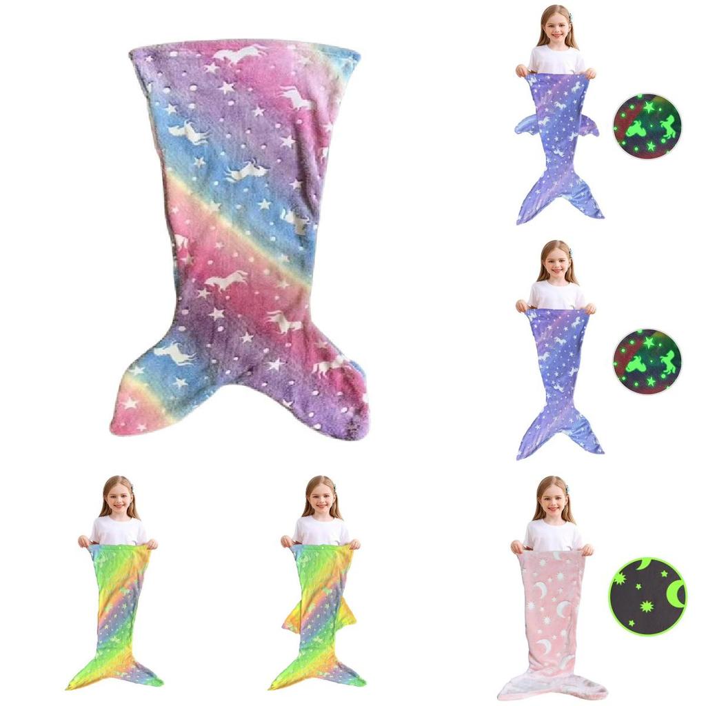 Glow In The Dark Modern Fleece Blanket For Kids With Cartoon Mermaid Stars And Sleepytime Warmth