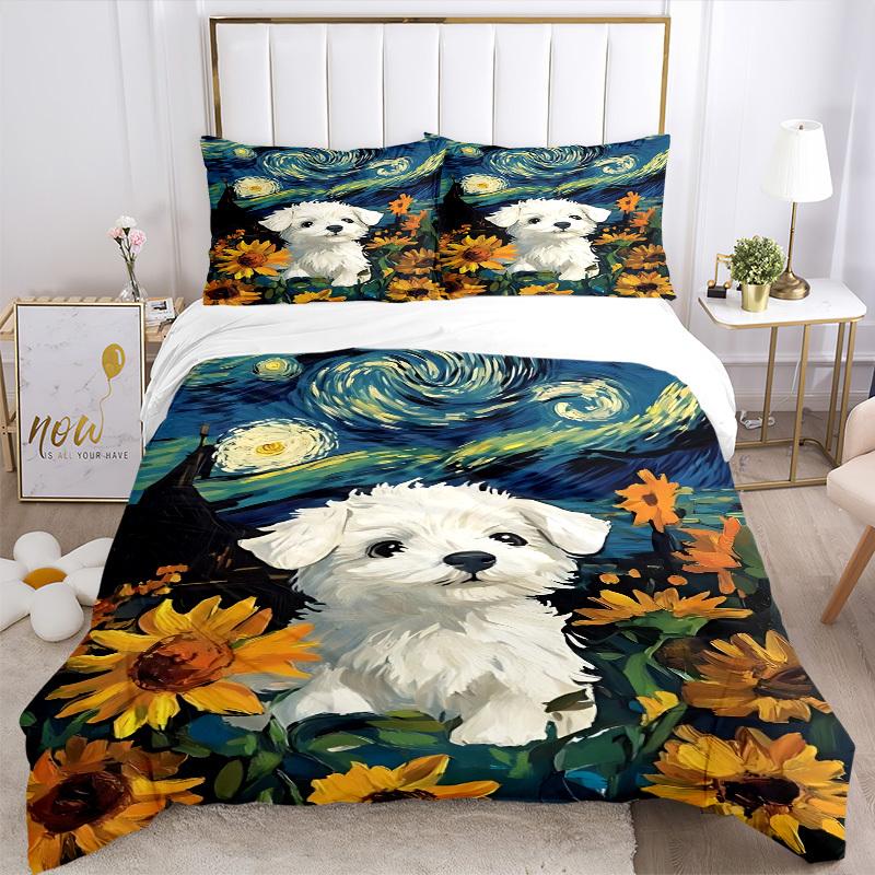 3pcs Puppy Sunflowers Duvet Cover Set, Soft Comfortable Duvet Cover,Guest Room (1*Duvet Cover + 2*Pillowcase, Without Core) yy251104164