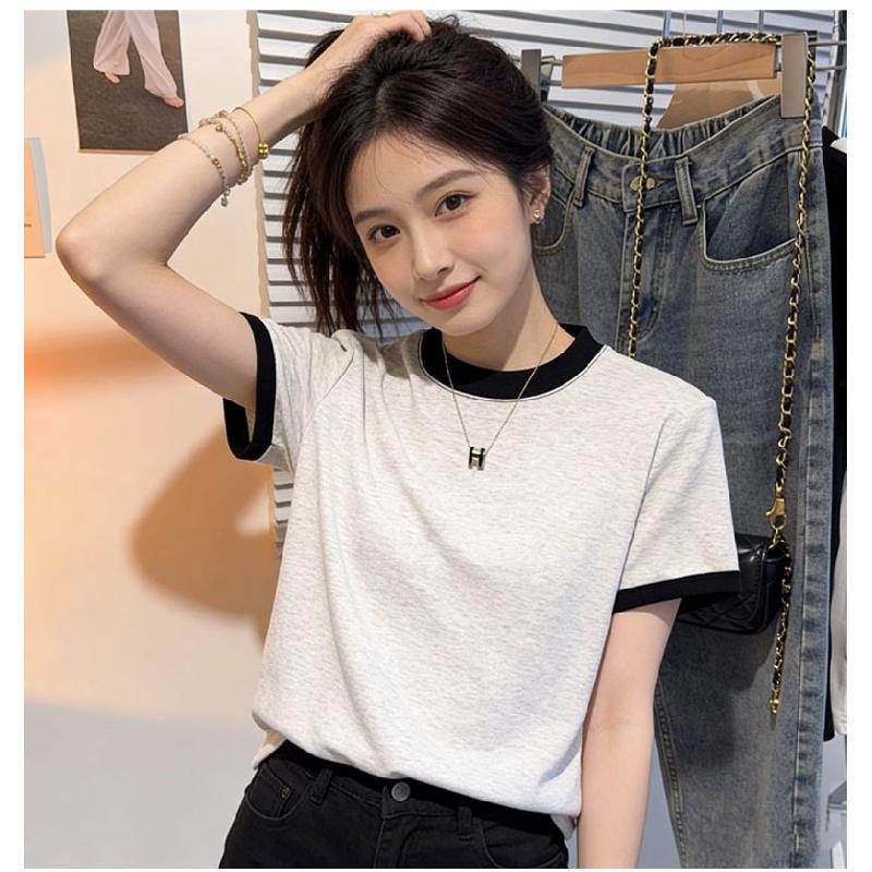 Two-tone round-neck short-sleeve t-shirt for women, 2026 new summer base shirt, slim-fit short top