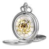 TREEWETO Mechanical Pocket Watch Antique Gold Skeleton Dial Roman Numerals Silver Double Hunter Chain Cover