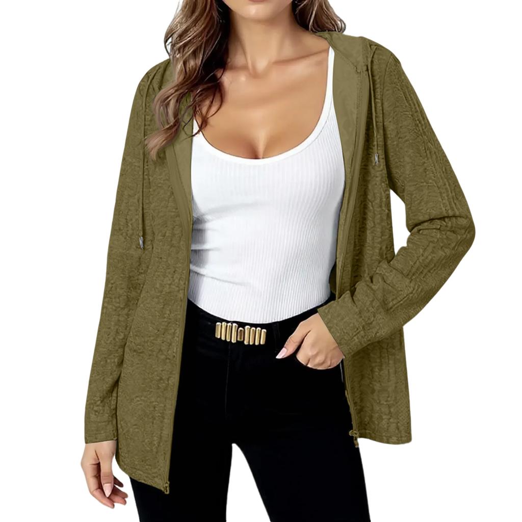 Women's Solid Color Loose Zipper Long Sleeved Hooded Top Casual Cardigan Jacket