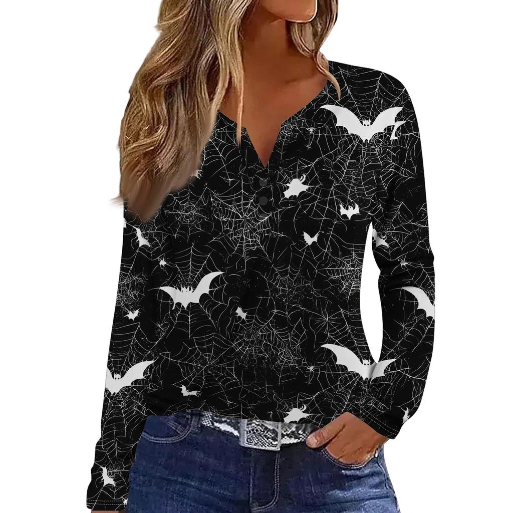 Women's Casual Long Sleeve T-Shirt with Halloween Print V-Neck Button for Parties