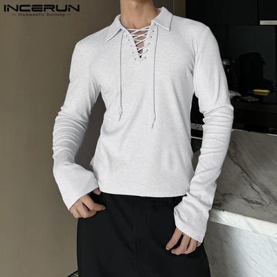 Men Lace Up Lapel Neck Long Sleeve Tops Casual Bandage Pullovers Blouse