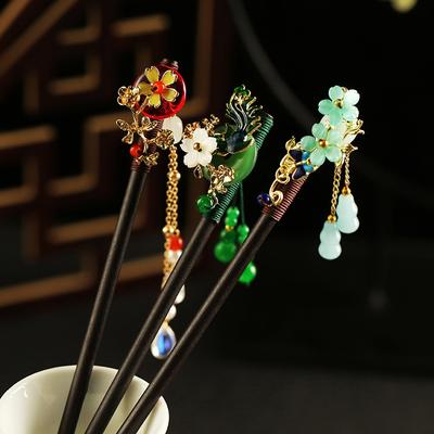 1Pc Sandalwood Hairpin New Chinese Style Tassel Ancient Headwear Petal Hairpin Fresh Wood Tassel Hairpin