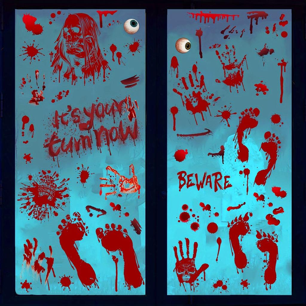 Halloween Decorations, 84pcs Halloween Window Clings, 9 Sheets Bloody Handprint Footprint Halloween Wall Decal Floor Clings