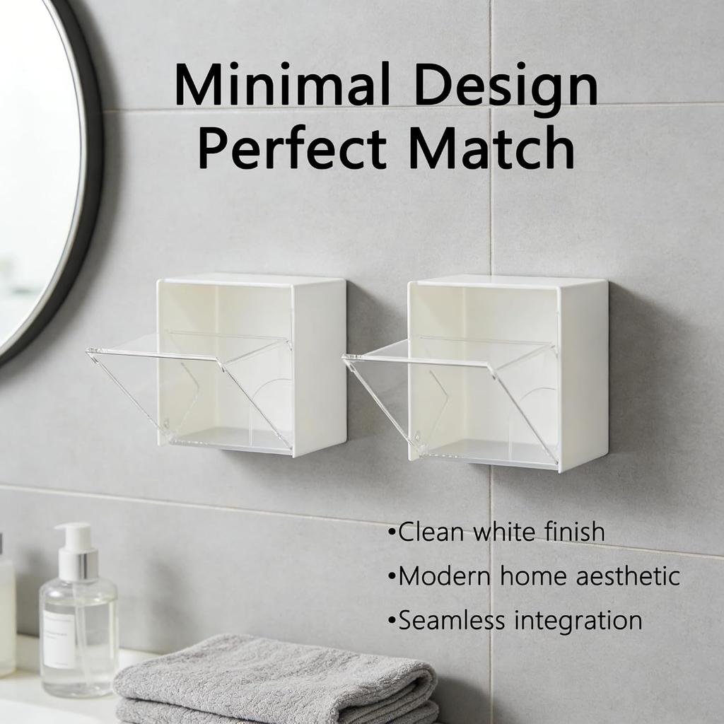 Bathroom Wall Mount Storage Box,1 pcs Clear Acrylic Hanging Organizer Box with Flip Lid 8.5x8.5x4.5cm No Drill Adhesive for Cotton Swabs Makeup