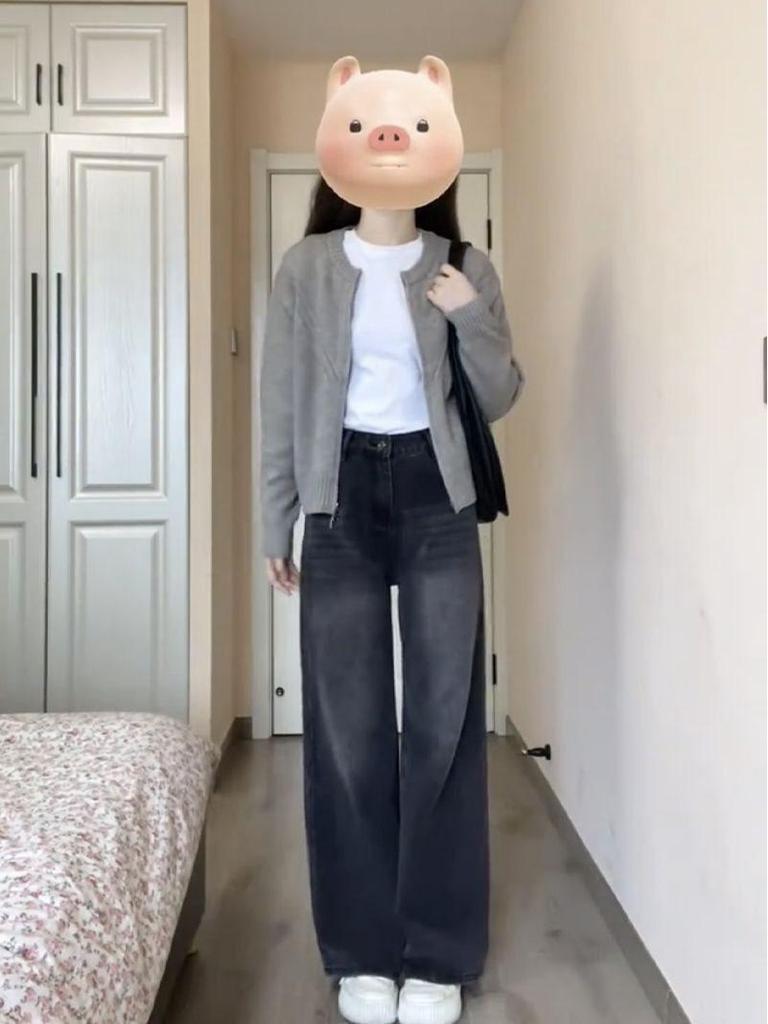 Retro Distressed High Waist Wide-Leg Jeans for Women - Spring/Summer, Loose Fit, Floor-Length, Black/Grey, Straight-Leg Trousers