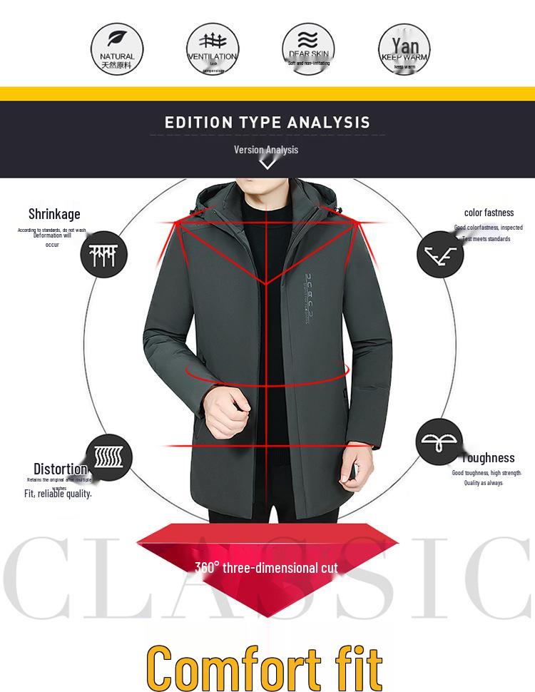 Men's Winter Hooded Mid-Length Cotton Coat for Seniors - Thick, Plus Size Padded Jacket