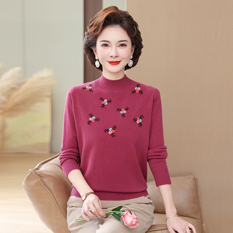 Embroidered High-Neck Pure Wool Sweater for Autumn/Winter - Elegant Base Layer for Middle-Aged & Elderly