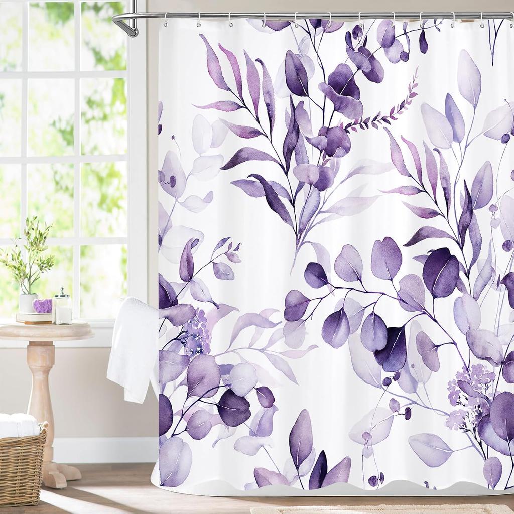 Pink Spring Floral Shower Curtain, Watercolor Eucalyptus & Botanical Plants, Modern Chic Bathroom Decor With Hooks