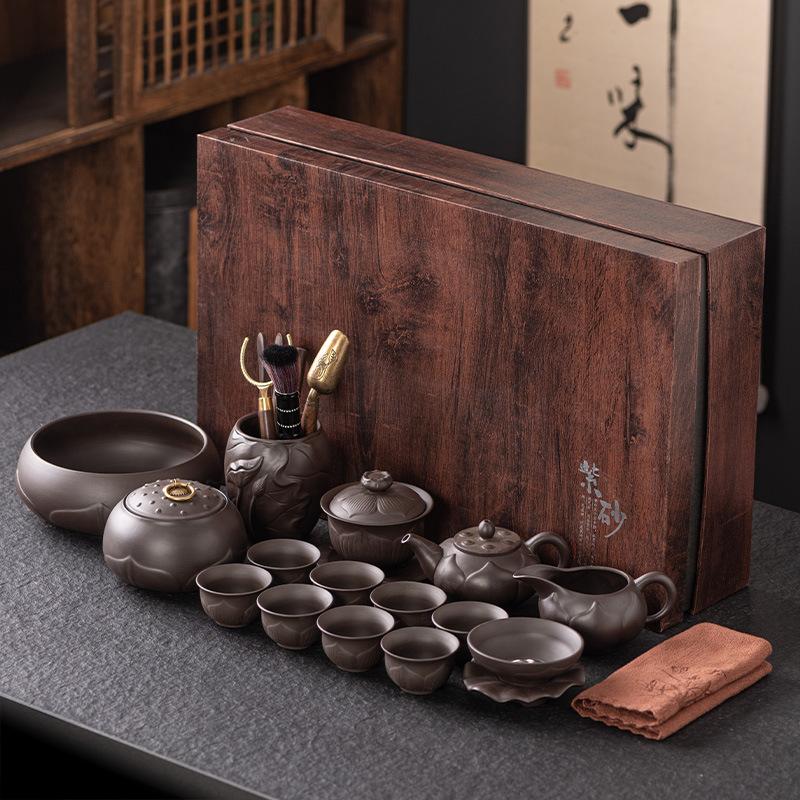 Light Luxury Purple Sand Kung Fu Tea Set, Household Cover Bowl Teapot Cup, High-end Elders, Gift Box Set