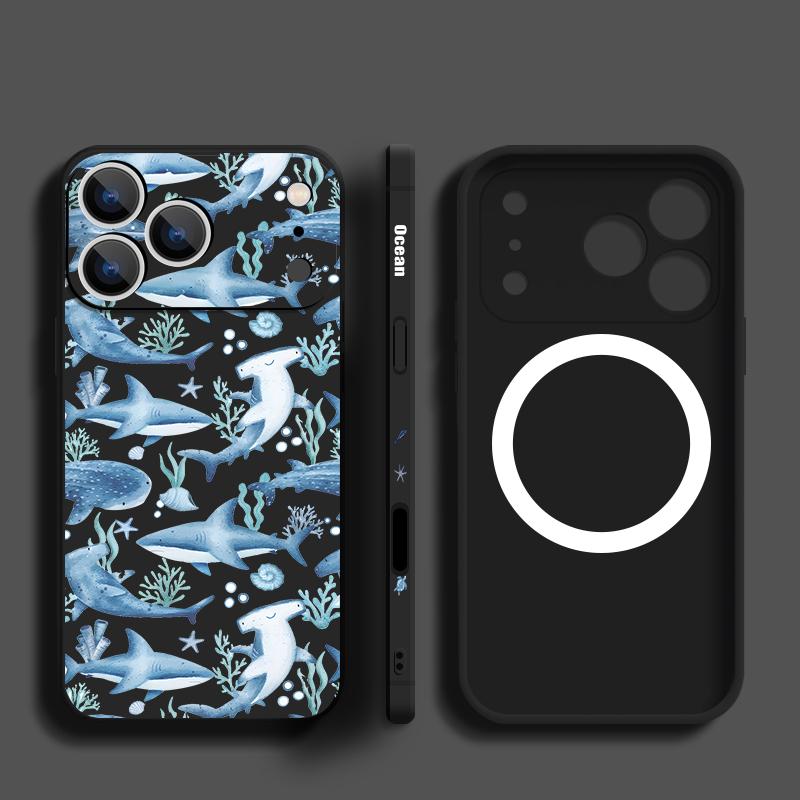 Magnetic For Magsafe Case For iPhone 17 Pro Max Whale Fish Print Soft Silicone Phone Back Cover For iPhone 16 15 14 13 Pro Max 16e 17e