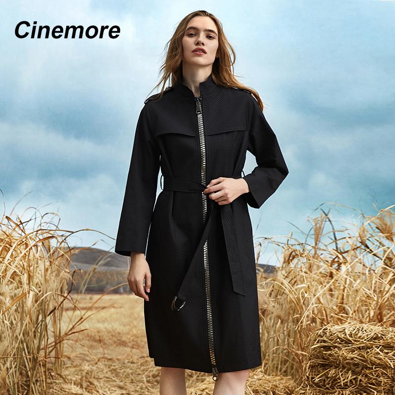 Cinemore Autumn Women's Trench Coat Waterproof Casual Luxury Long Windbreaker Jacket Zip Up Stand Collar Belted Slim Overcoat