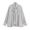 Womens Loose Fit Polka Dot Long Sleeve Blouse With Bow Detail Casual Office Shirt Wrap Collar Stretchy Cotton Blend