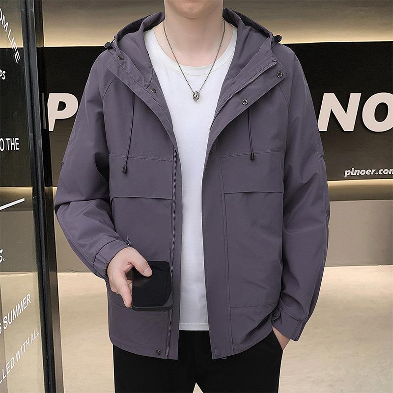 Jesień i Zima Nowa Kurtka Męska Kurtka Robocza Młodzieżowa Wiatroodporna Wodoodporna Kurtka Outdoorowa Kurtka z Kapturem Jednolity Kolor