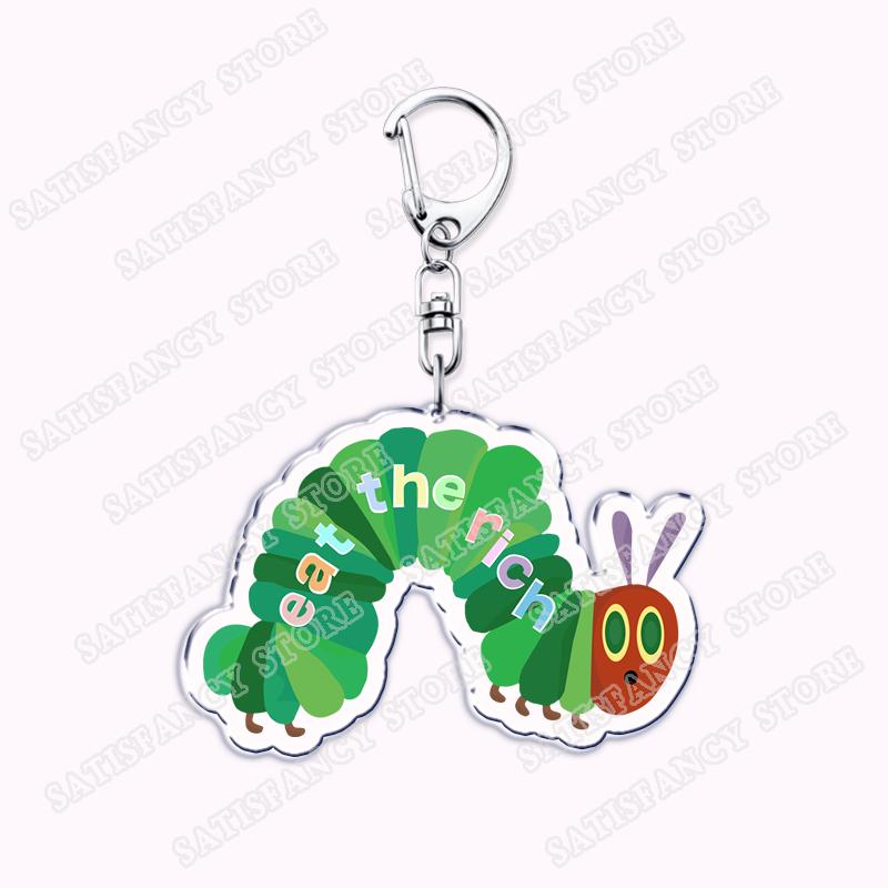 

Eat The Rich Hungry Caterpillar Keychains for Women Accessories Bag Frog Lollipop Guillotine Keyrings Jewelry Fans Friends Gifts