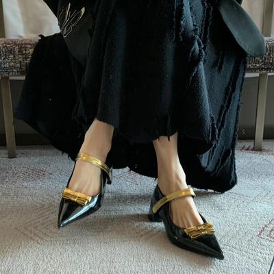 Dicken Absatz Goldene Frauen Mary Jane Schuhe Mode Spitzschuh Schuhe 2025 Frühling Damen Elegante Tanzparty Prom Schuhe