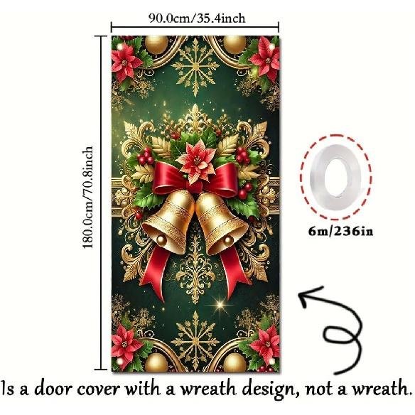 Christmas Door Cover Gold Bell Poettia 71x35 Inch Large Holiday Decoration for FrontDoor Wall Indoor Outdoor Xmas Party Winter Festival Home Decor