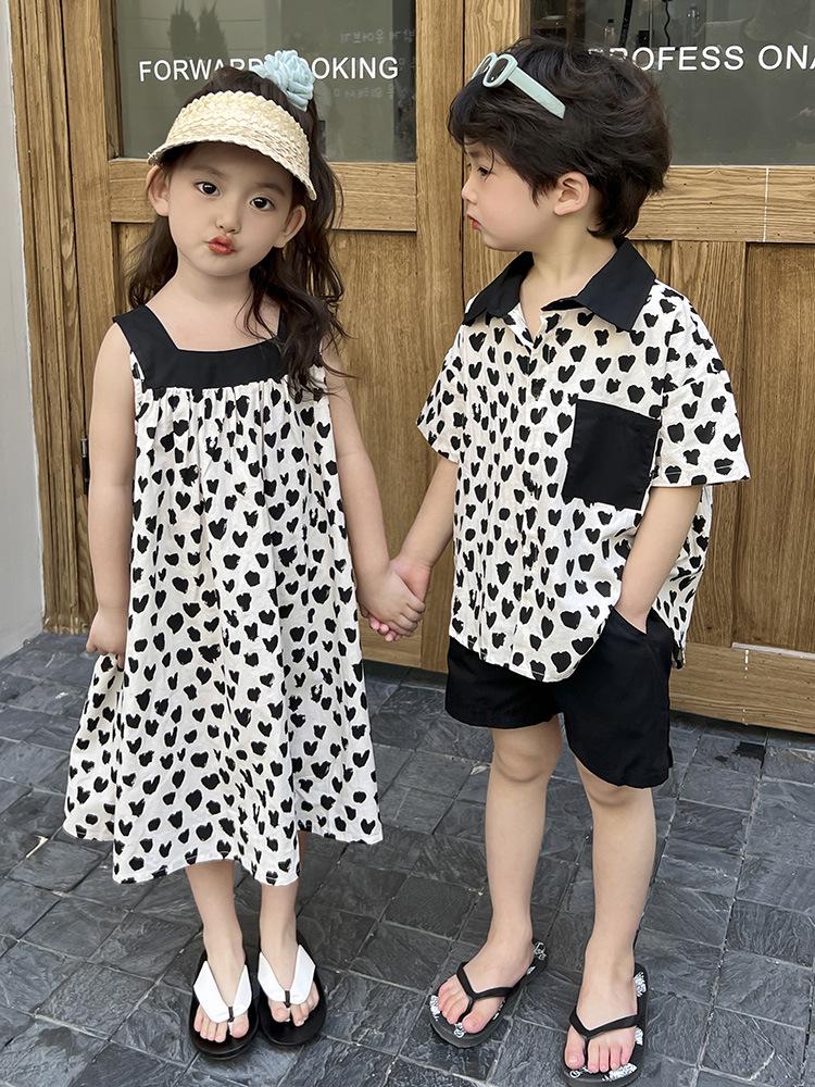 2025 Summer Sibling Outfits: Korean-Style Loose Sling Dress & Shorts Set for Boys and Girls