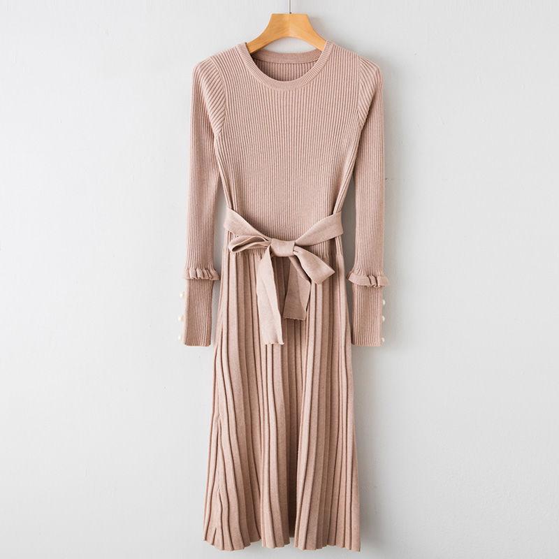 Pull d'automne pour femmes Robe slim couleur unie Élégantes robes tricotées mi-longues