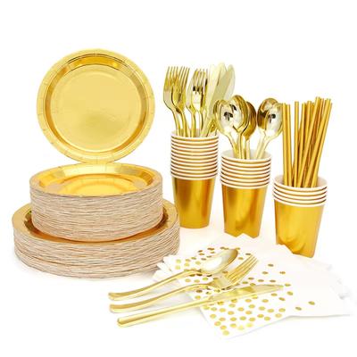 Golden Disposable Paper Plates Cups Straws Napkins Cake Stand Cutlery Set Adult Children's Birthday Party Supplies Gold Theme De