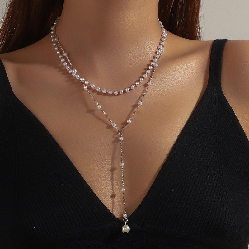 Chic European & American Y-Shape Faux Pearl Tassel Double Layer Necklace - Light Luxury Statement Piece