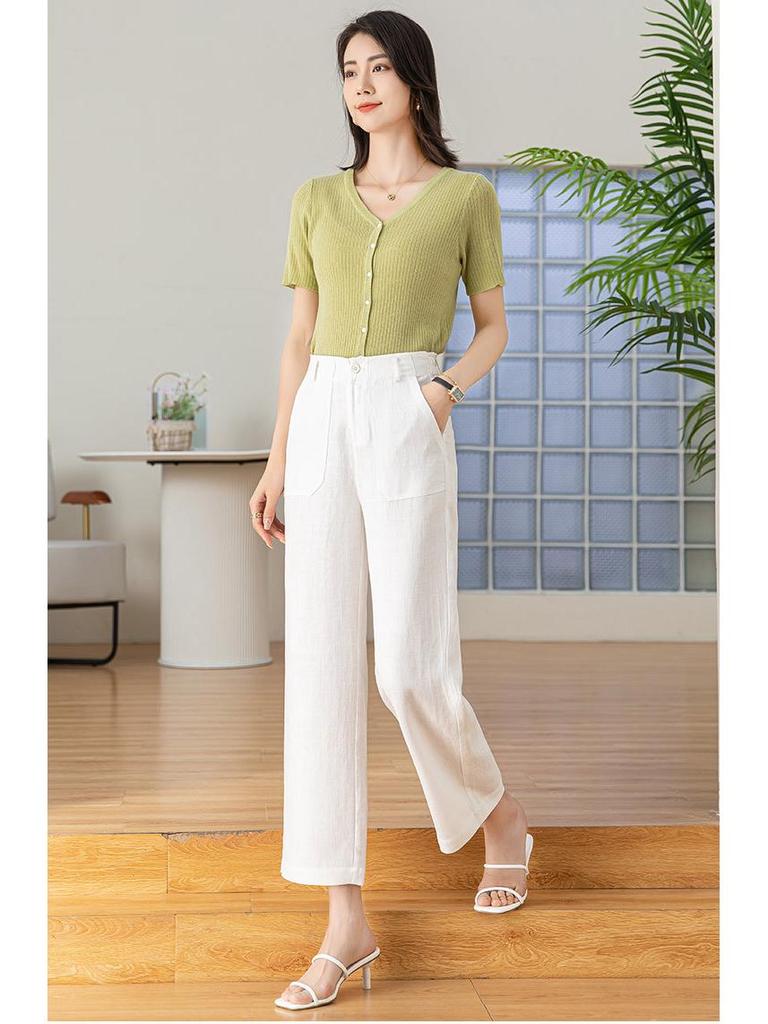 Tencel Leinen Weite Weiße Hose für Damen - Elastischer Bund, Gerade Neun-Punkt Lässig OL Professioneller Stil.