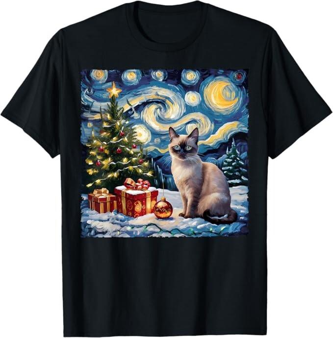 Christmas Siamese Cat Art Van Gogh The Starry Night Inspired Unisex T-Shirt M