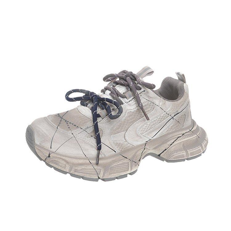 

Кожаная платформа Парижские папины кроссовки женские 2025 осень новые трехцветные шнурки состаренные и полированные модные спортивные и повседневные туфли 40 бежевый