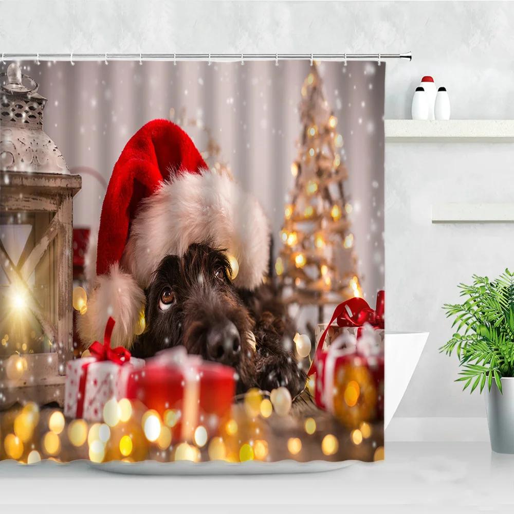 Funny Animal Christmas Dog Shower Curtains Chic Cute Pet New Year Xmas Bath Curtain With Hooks Waterproof Fabric Bathroom Decor